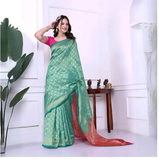 Teal Silk Saree Gold Motifs Pink Blouse Traditional Jewelry