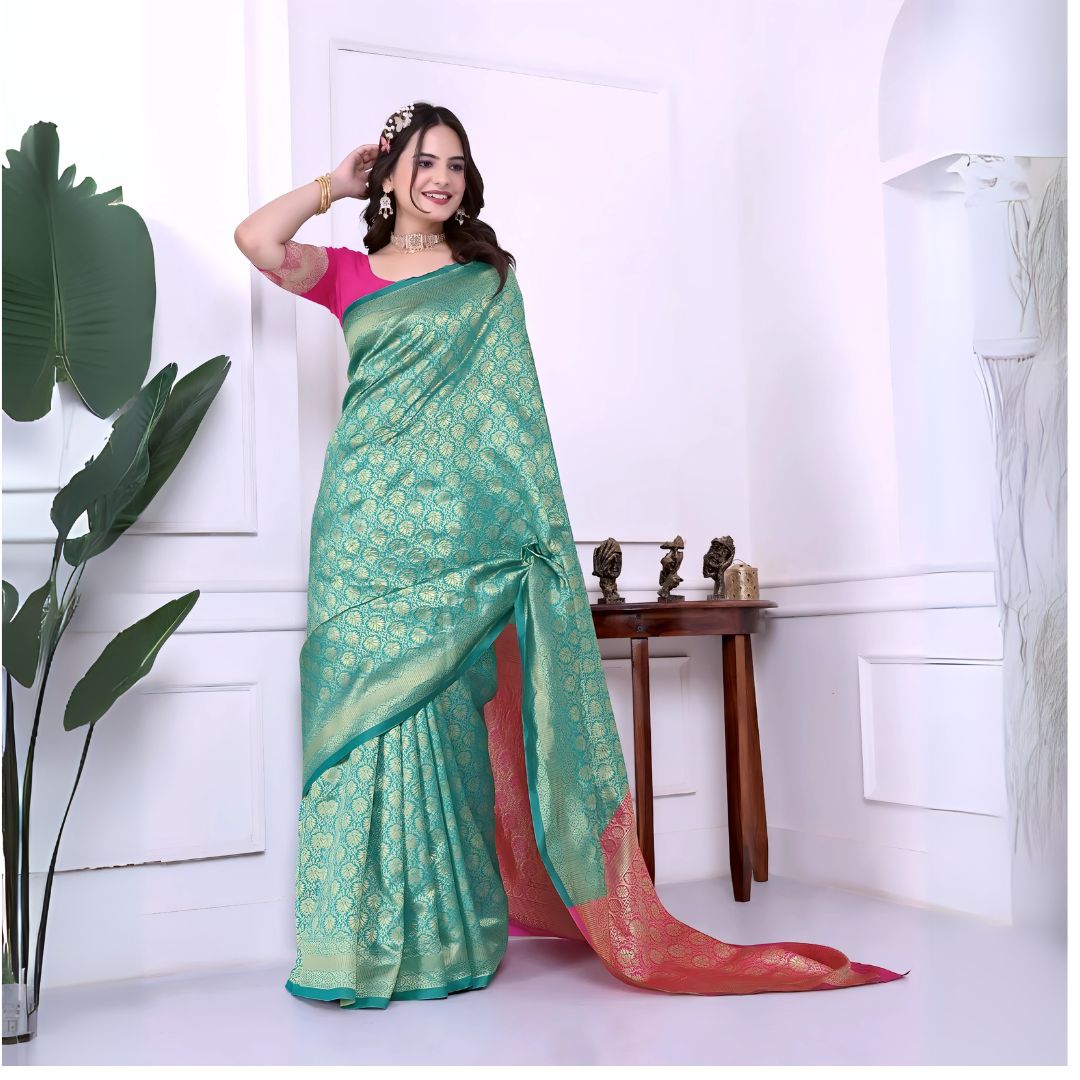 A woman models a striking Sea Green Banarasi Silk Saree with dense all-over gold Zari weaving. The pallu and border feature a dramatic contrast with hot pink. She wears a hot pink short-sleeve blouse and gold Kundan jewelry, posing indoors.