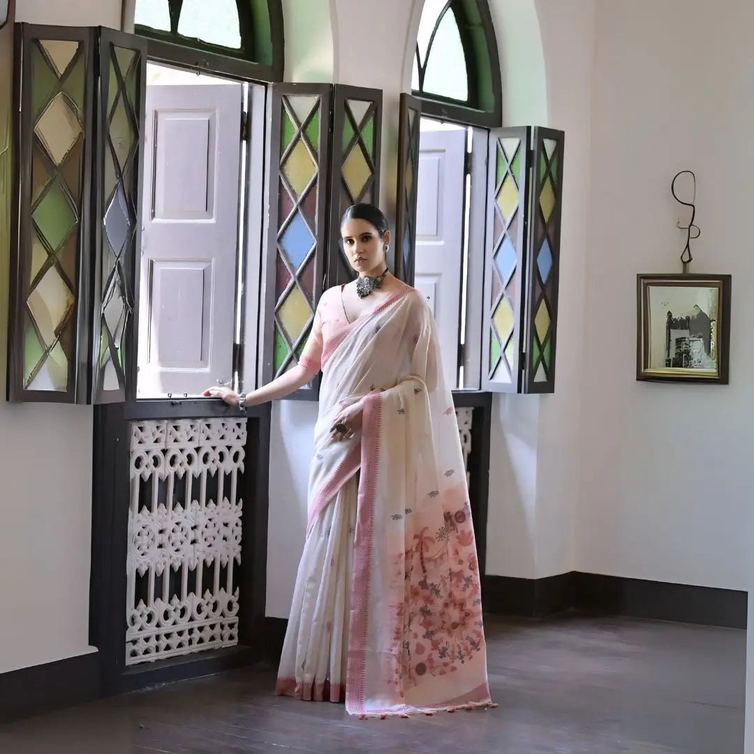 Woman White Silk Saree Pink Blouse Floral Pallu Statement Necklace Vintage Window