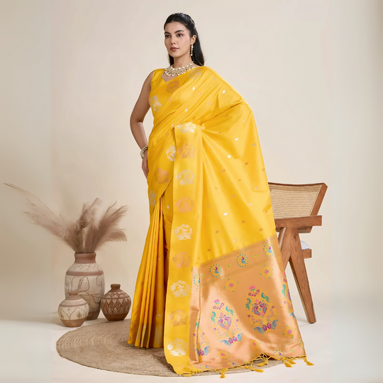 A woman models a luxurious Sunny Yellow Soft Silk Saree. The saree features scattered metallic motifs and a wide pallu in contrasting peach/coral, richly woven with multi-colored peacock and floral designs. She wears a matching yellow sleeveless blouse and heavy gold Kundan jewelry, posing indoors.