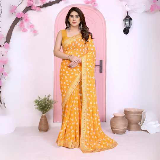 Yellow Rajwadi Bandhej Print With Heavy Embroidery Work Georgette Saree