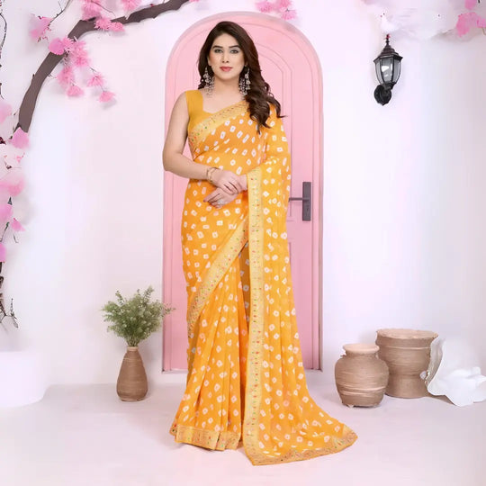 Yellow Rajwadi Bandhej Print With Heavy Embroidery Work Georgette Saree