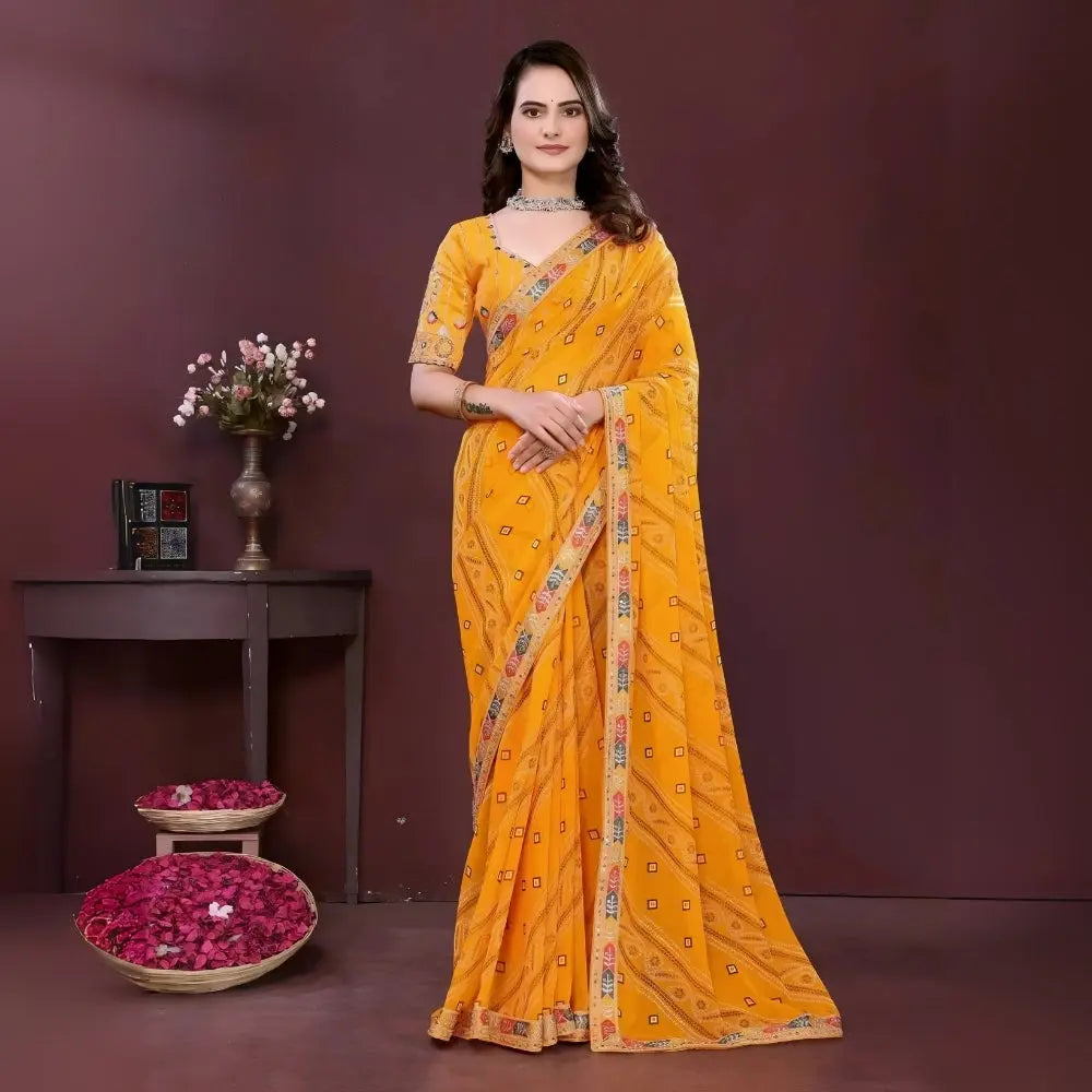 Yellow Digital Print with Embroidery Work Georgette Saree