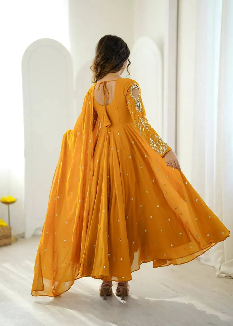 Yellow Faux Georgette Anarkali – Back View showing Open Dori Tie-Up | KU246 | Kalyanja