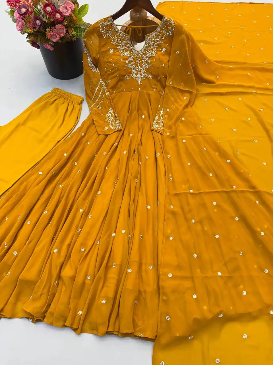 Yellow Anarkali Suit Flat Lay with Straight Pant & Dupatta | KU246 | Kalyanja