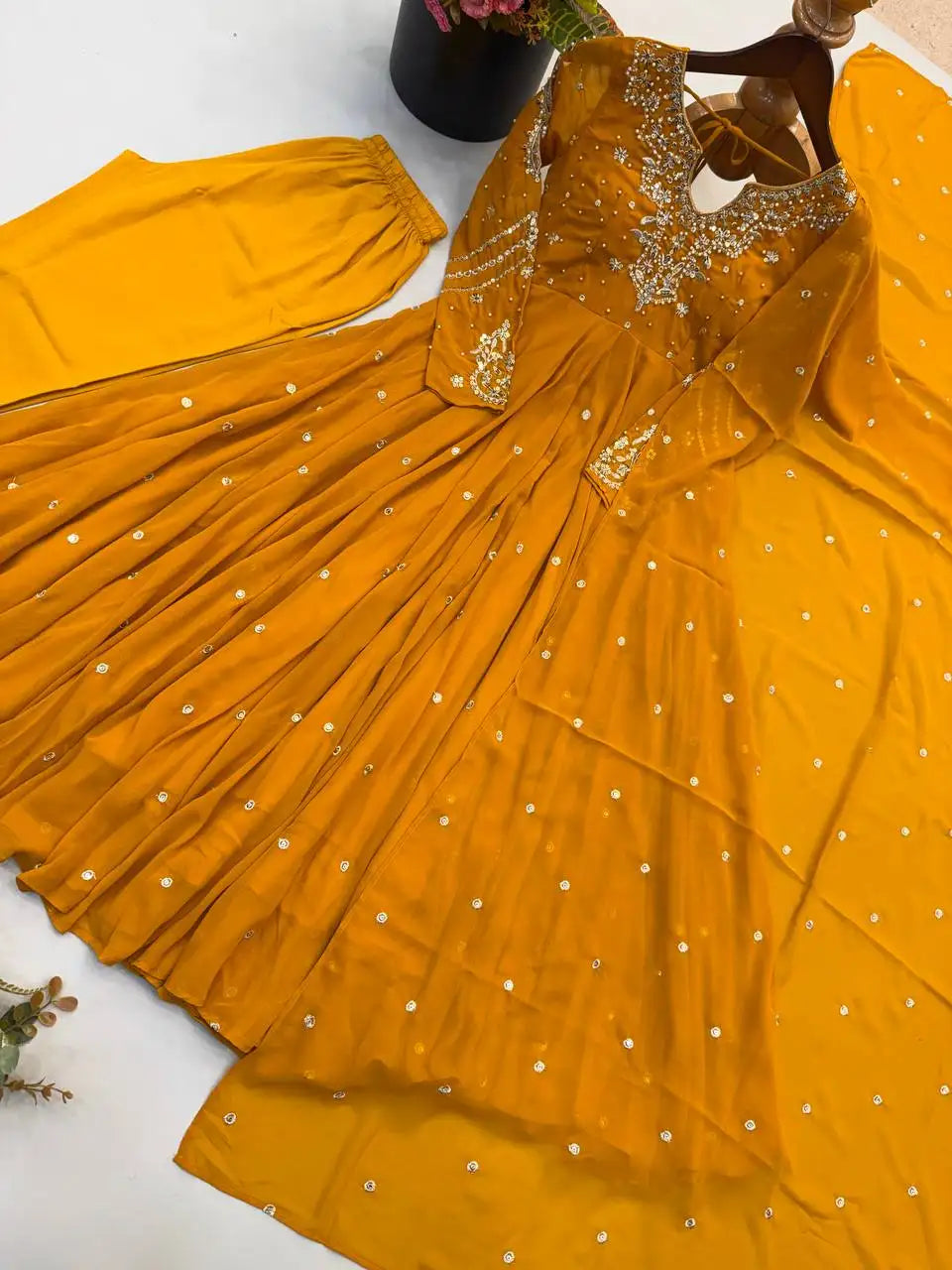 Yellow Embroidered Anarkali Suit Complete Set – Flat Lay View | KU246 | Kalyanja