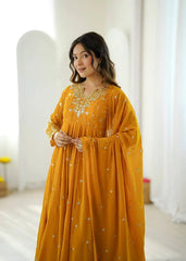 Yellow Faux Georgette Suit with Fancy Neckline – Upper Body Close Up | KU246 | Kalyanja