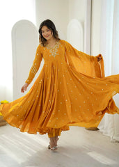Yellow Faux Georgette Anarkali with Full Sleeve – Dupatta Twirl | KU246 | Kalyanja