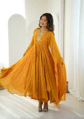 Yellow Anarkali Suit with Sequins Booti – Model Standing | KU246 | Kalyanja