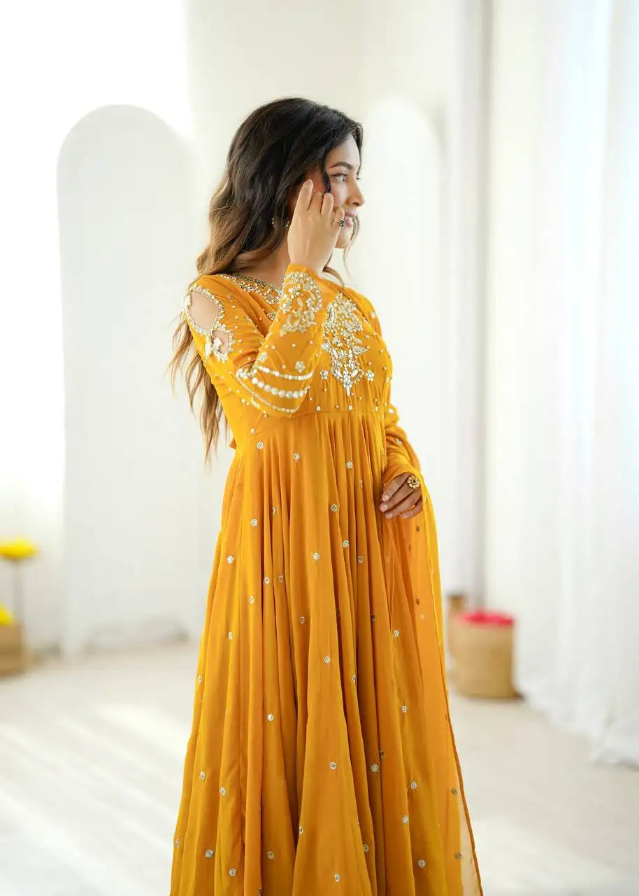 Yellow Faux Georgette Suit with Embroidered Sleeves – Model Shot | KU246 | Kalyanja