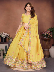 Yellow Embroidered Cut Work Lehenga front full view Pichwai folk border – Kalyanja KL171