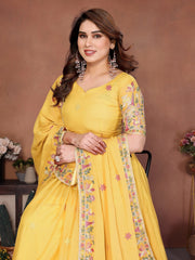 Yellow Embroidered Lehenga editorial pose with floral folk border – Kalyanja KL171