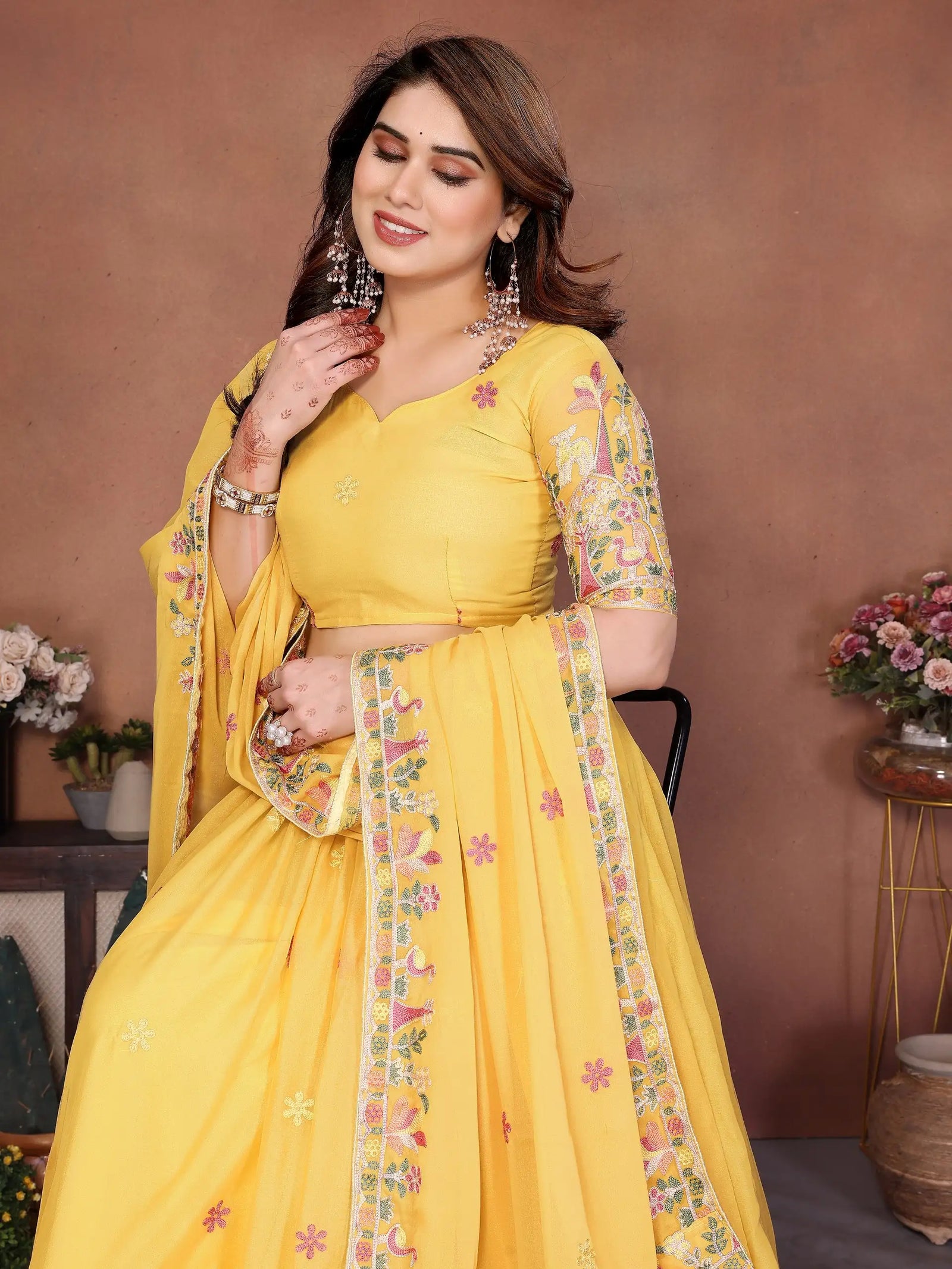 Yellow Lehenga 4.5m flair dance pose – Kalyanja KL171