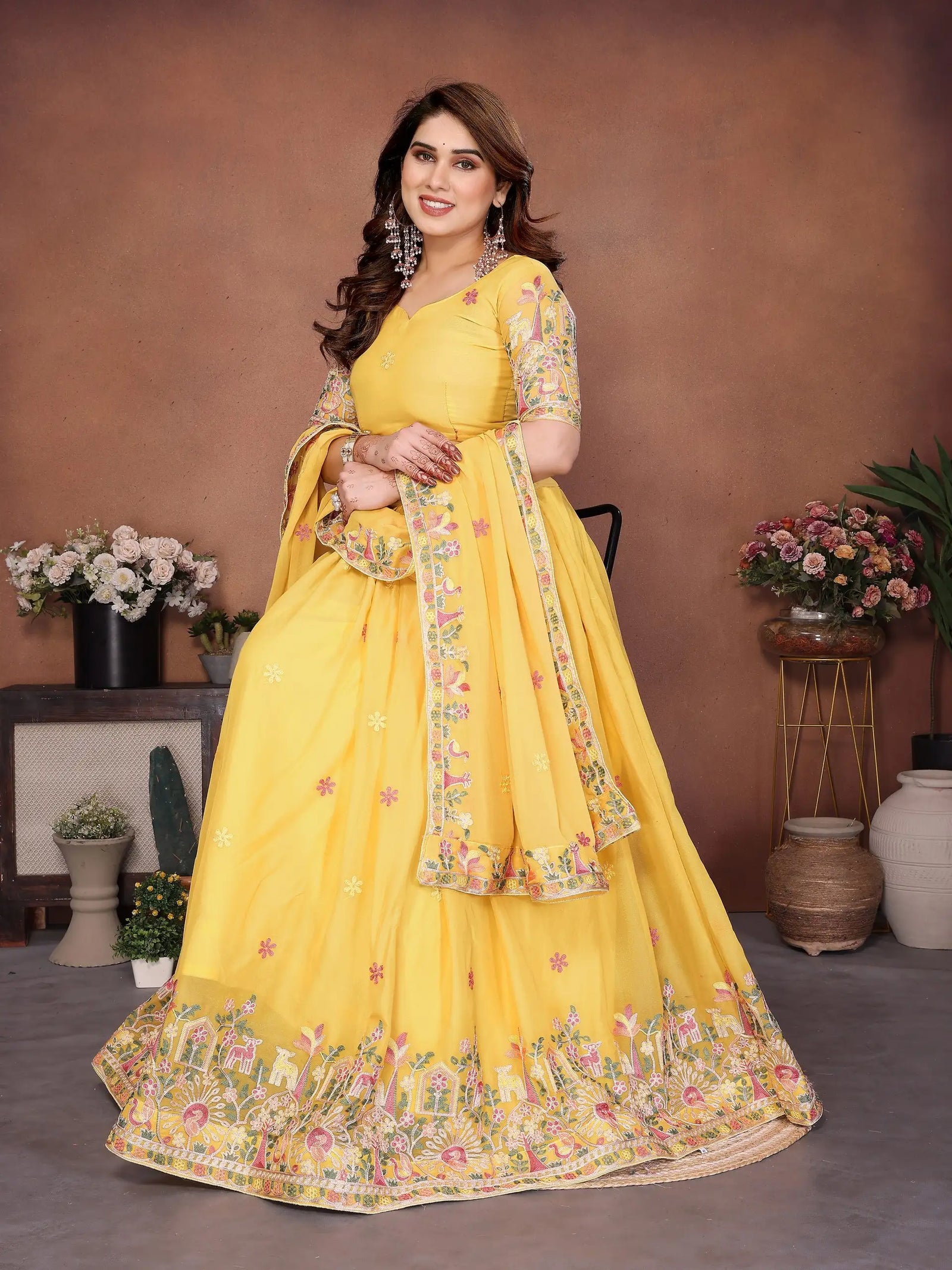 Yellow Embroidered Cut Work Lehenga full length standing front – Kalyanja KL171