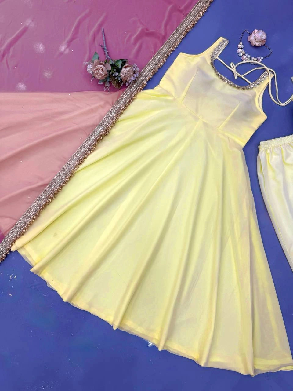 Yellow Fancy Lace Work Anarkali Suit flat lay detail – Kalyanja KU294