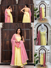 Yellow Fancy Lace Work Anarkali Suit catalog collage – Kalyanja KU294