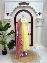Yellow Fancy Lace Work Anarkali Suit mannequin full-length front – Kalyanja KU294