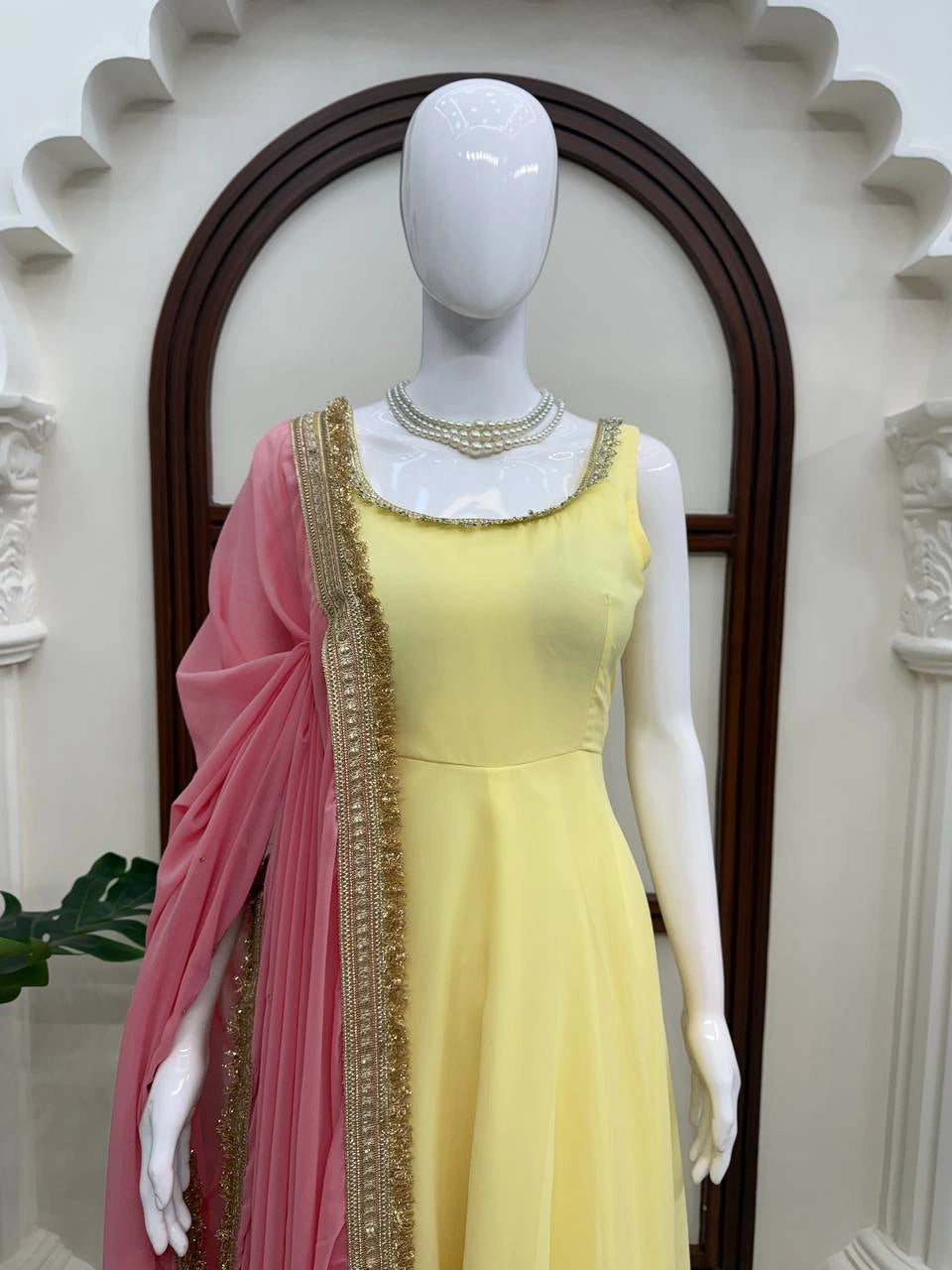 Yellow Fancy Lace Work Anarkali Suit mannequin close-up lace neckline detail – Kalyanja KU294