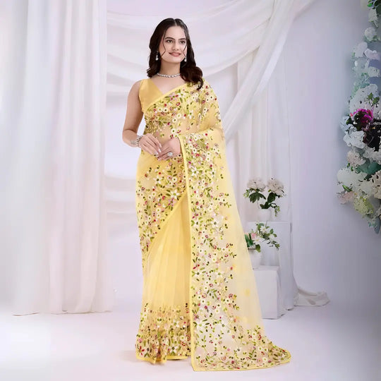 Yellow Floral Embroidered Net Saree Modern Studio