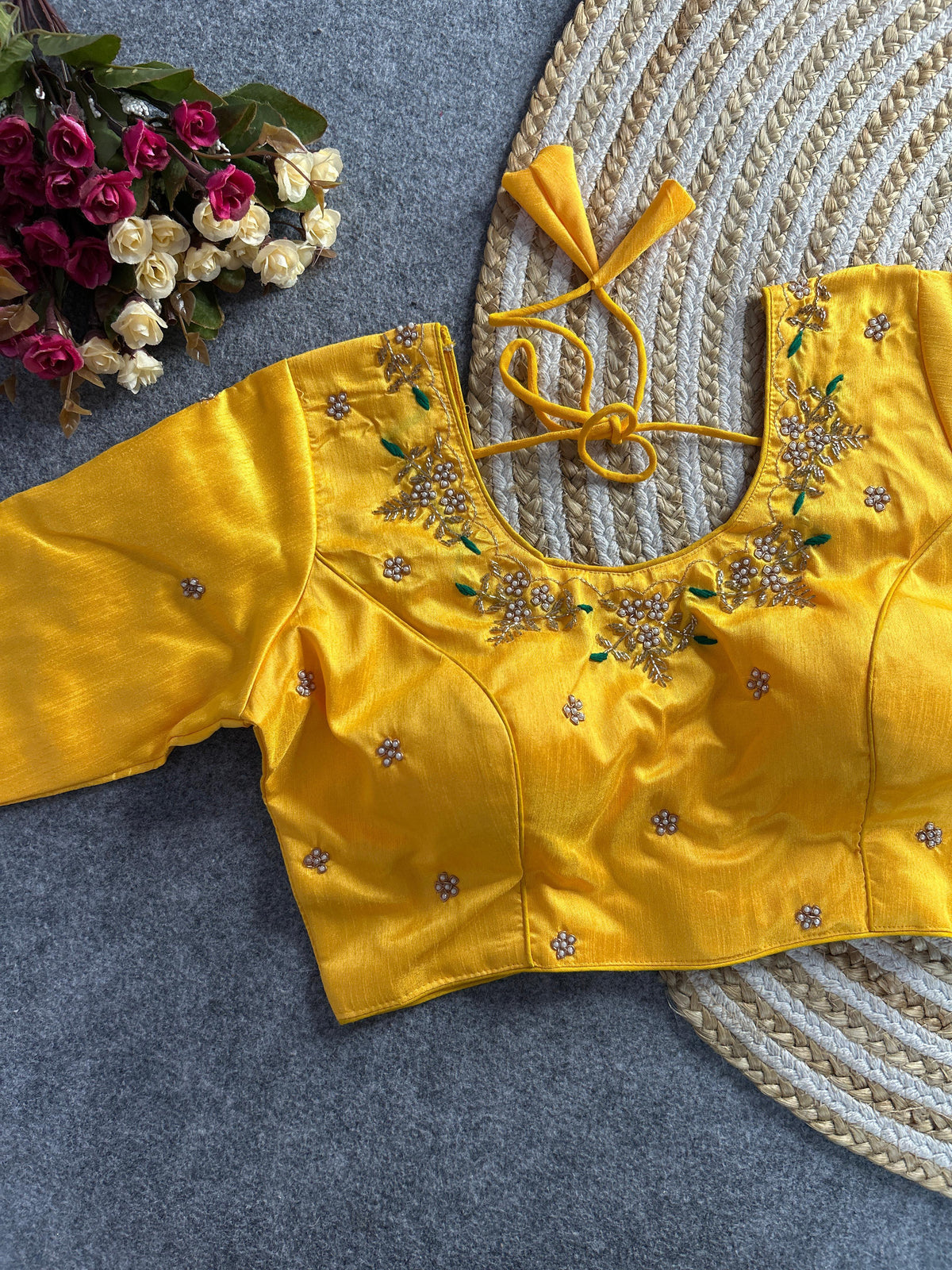Yellow floral embroidery Banglori silk blouse with intricate design, perfect for traditional and festive occasions.