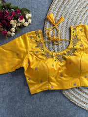 Yellow Floral Embroidery Banglori Silk Blouse