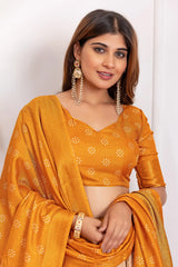 Yellow Floral Foil Work Lehenga choli V-neck close-up – Kalyanja KL162