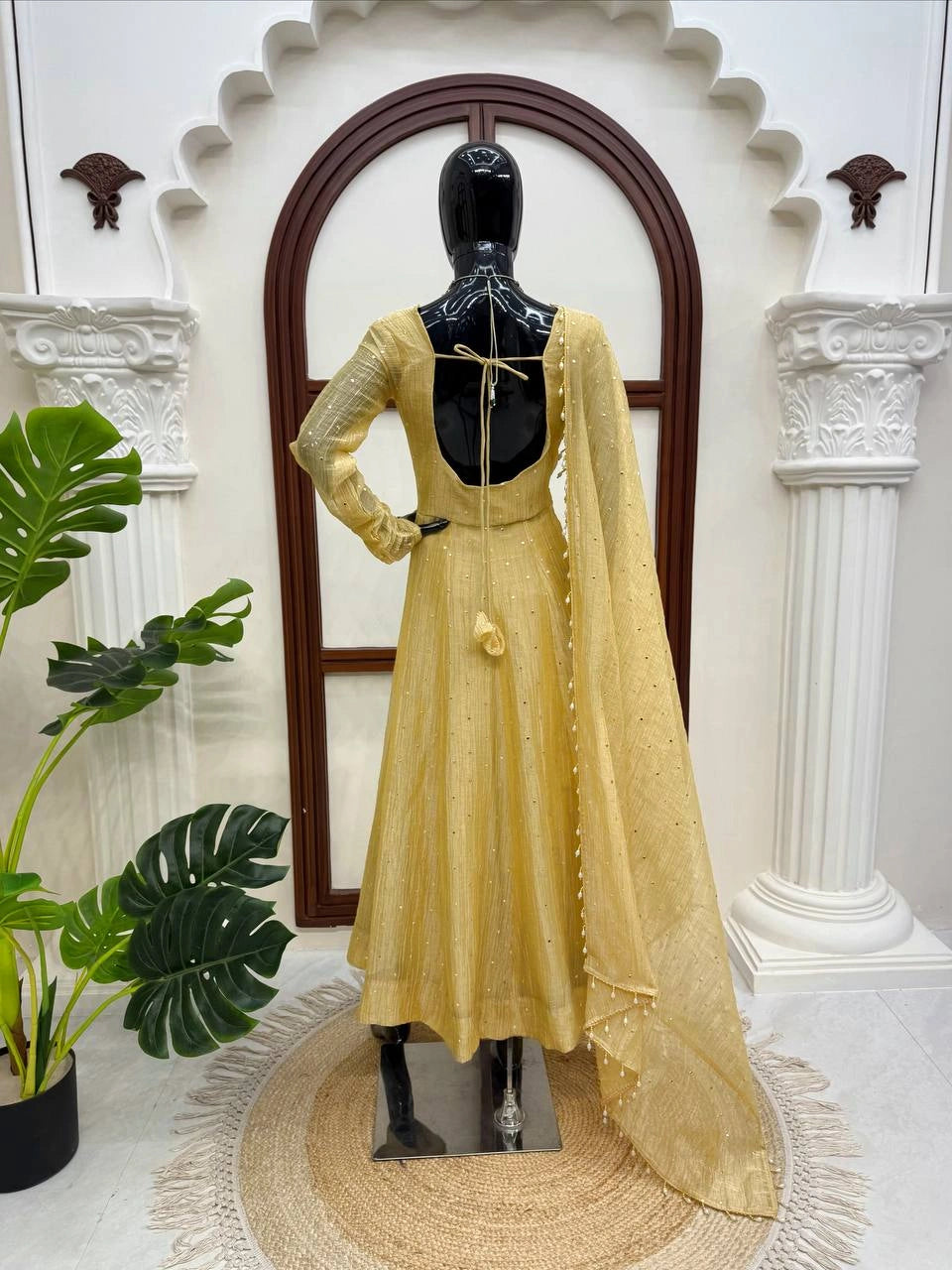 Yellow Foil Work Anarkali Suit mannequin back view Open with Dori Tie-Up – Kalyanja KU292