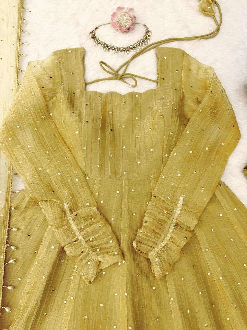 Yellow Foil Work Anarkali Suit flat lay Square Neck neckline close-up – Kalyanja KU292