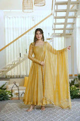 Yellow Foil Work Anarkali Suit model full-length holding dupatta – Kalyanja KU292