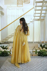 Yellow Foil Work Anarkali Suit back side model with dupatta – Kalyanja KU292