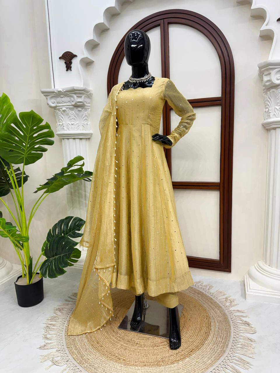 Yellow Foil Work Anarkali Suit mannequin full-length front – Kalyanja KU292