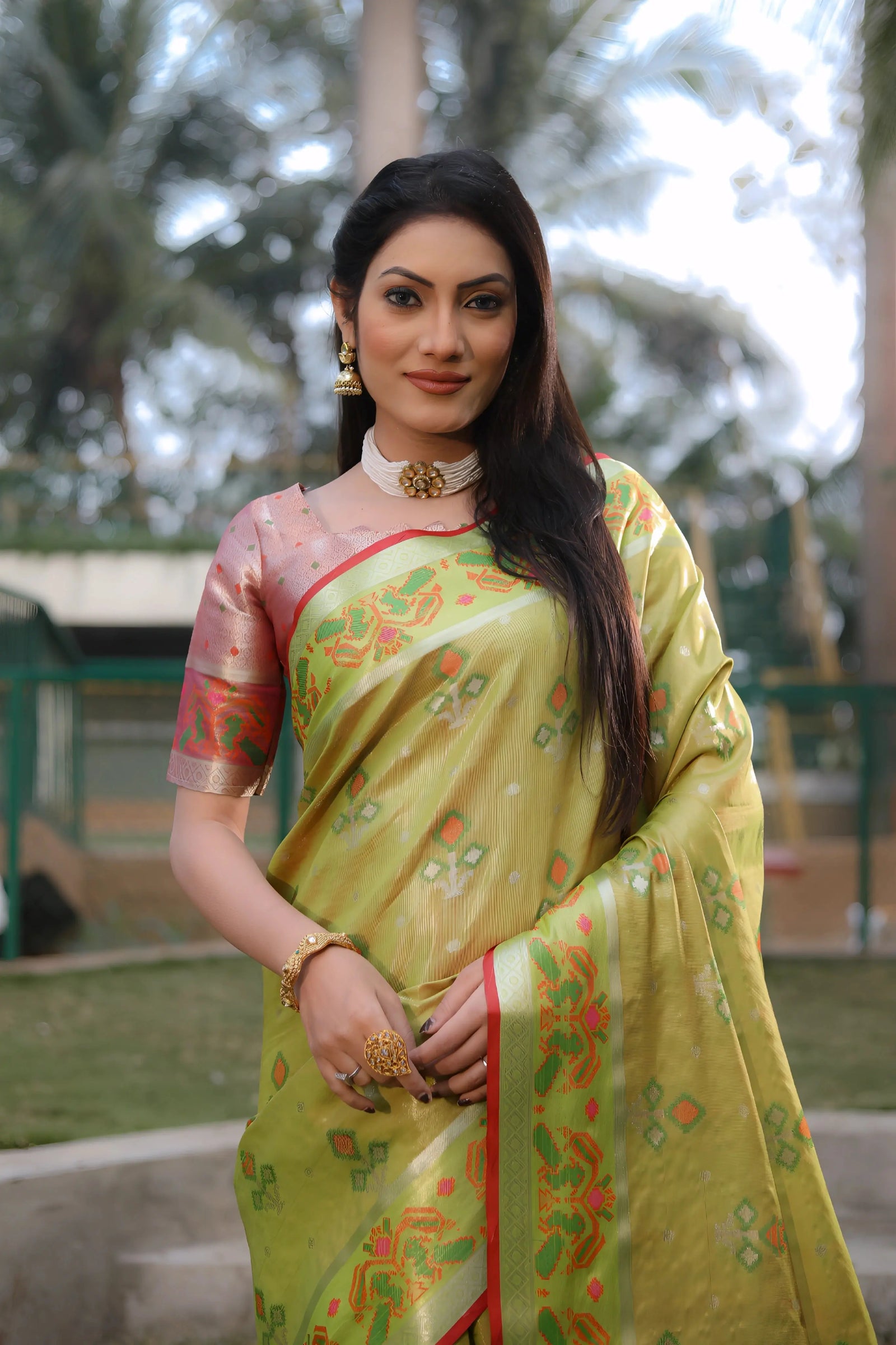 Pista Green Ikkat Patola Weaving Organza Silk Saree