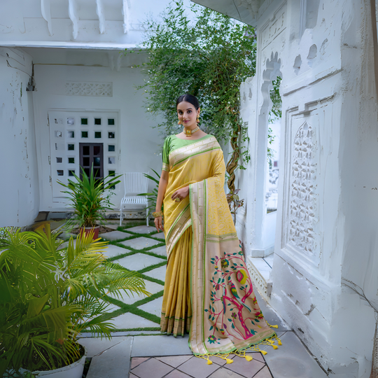 A woman models a vibrant Golden Yellow Soft Silk Saree. The saree is highlighted by a rich, wide contrast border and an elaborate pallu featuring dense, traditional Paithani Zari weaving, often depicting motifs like peacocks or florals. She is accessorized with traditional gold jewelry and posed indoors.