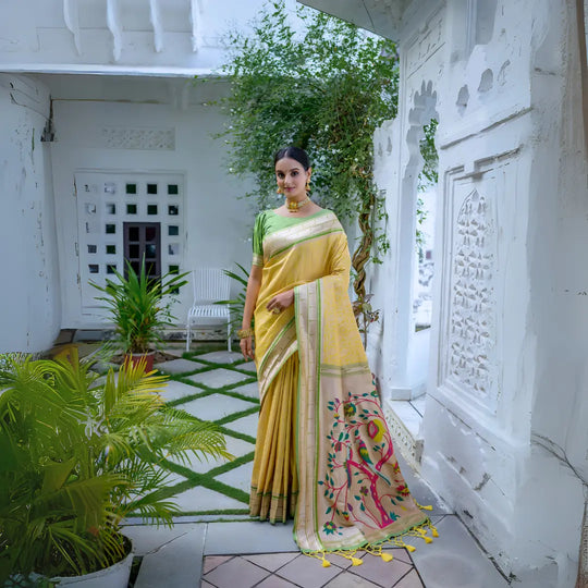 A woman models a vibrant Golden Yellow Soft Silk Saree. The saree is highlighted by a rich, wide contrast border and an elaborate pallu featuring dense, traditional Paithani Zari weaving, often depicting motifs like peacocks or florals. She is accessorized with traditional gold jewelry and posed indoors.