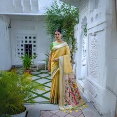 A woman models a vibrant Golden Yellow Soft Silk Saree. The saree is highlighted by a rich, wide contrast border and an elaborate pallu featuring dense, traditional Paithani Zari weaving, often depicting motifs like peacocks or florals. She is accessorized with traditional gold jewelry and posed indoors.
