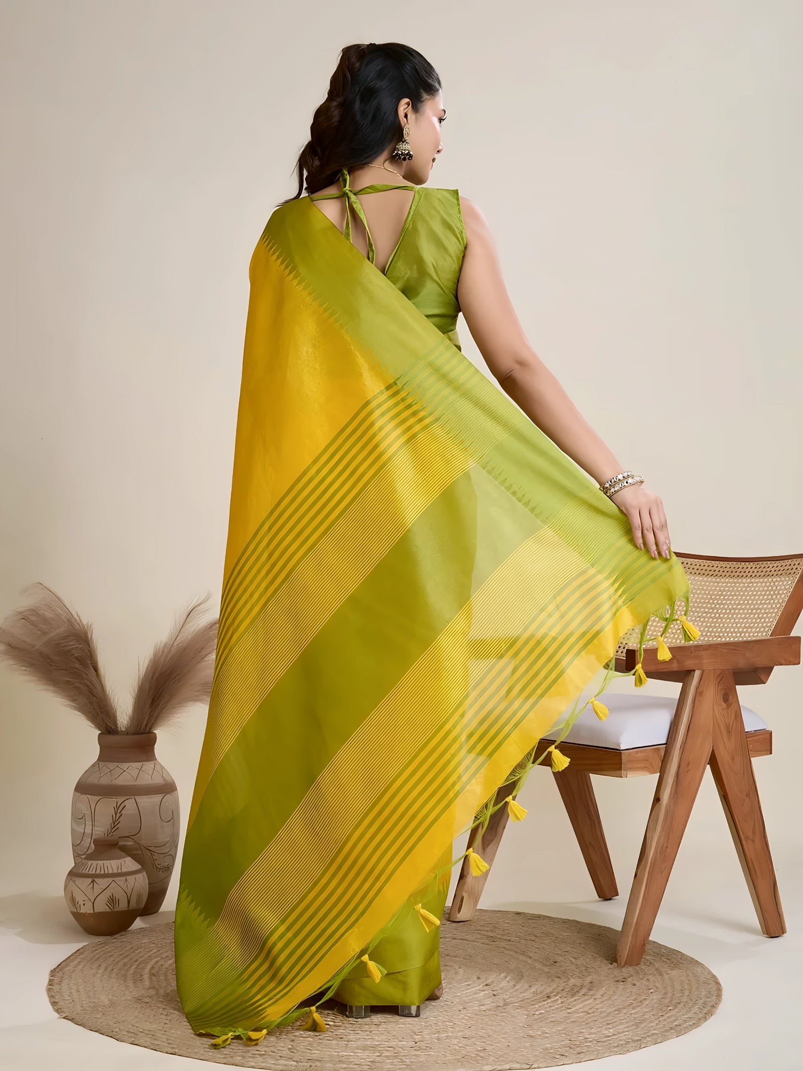 Yellow Green Silk Saree Wooden Chair Modern Studio