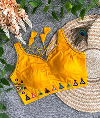 Yellow Cotton Blend Multi Thread Mirror Work Blouse – Flat Lay
