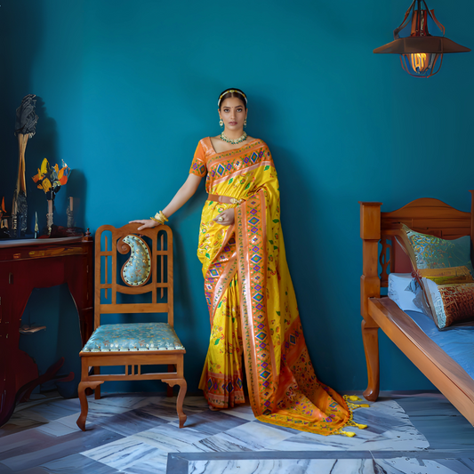 Yellow & Orange Zari Weaving Soft Banarasi Silk Saree