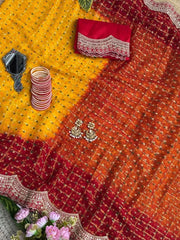 Yellow Bandhani Style Saree with Cutwork Sequins Border KS402
