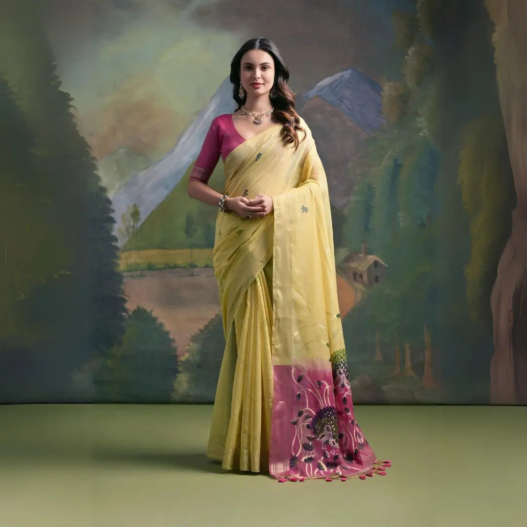 A woman models a soft Pastel Yellow Muga Silk Saree with subtle Resham weaving. The pallu dramatically transitions to a deep magenta color, featuring intricate purple and pink floral/peacock Resham threadwork. She wears a fuchsia blouse and an oxidized silver necklace.