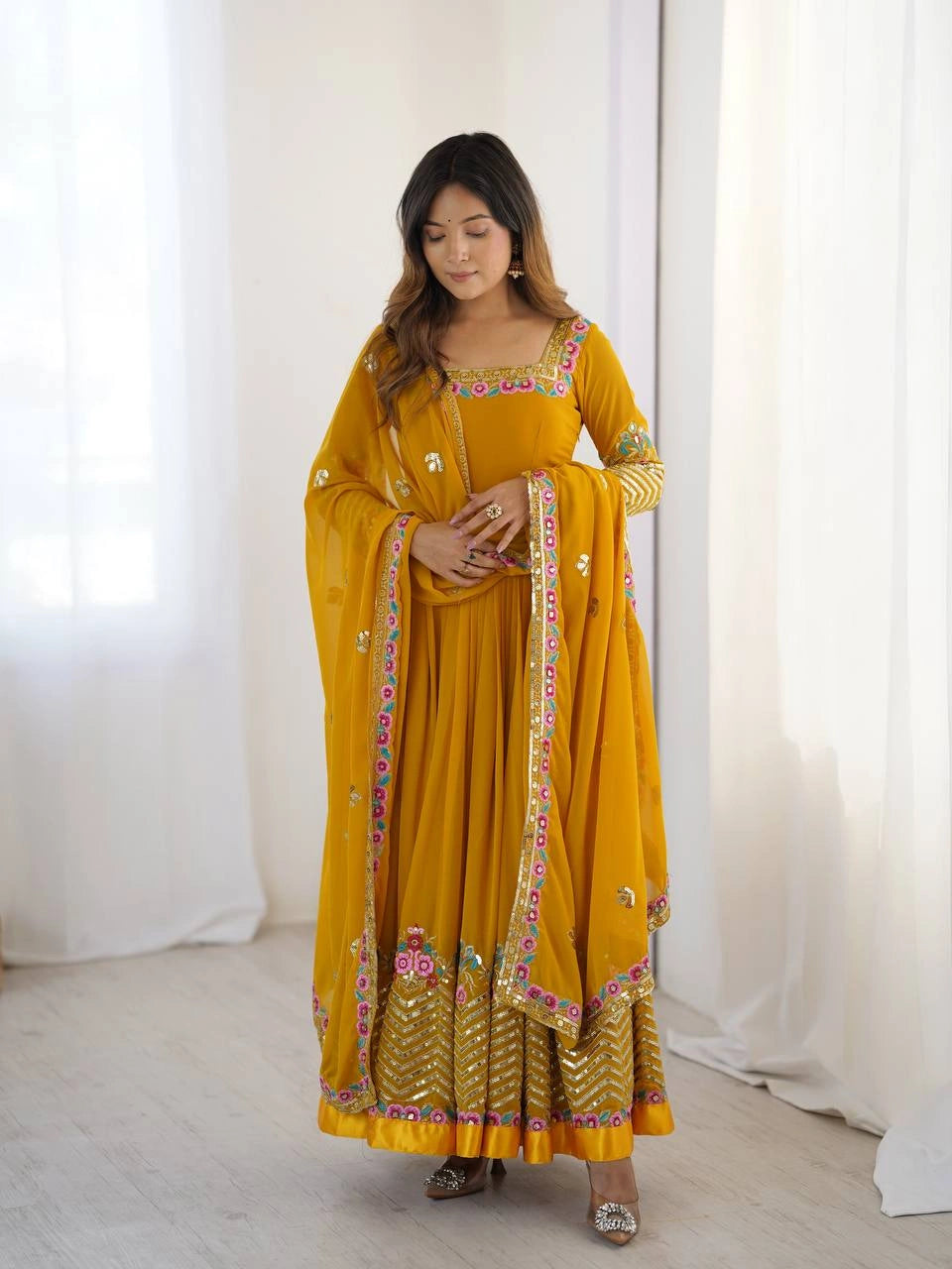 Yellow Anarkali Suit side view with dupatta draped KU264