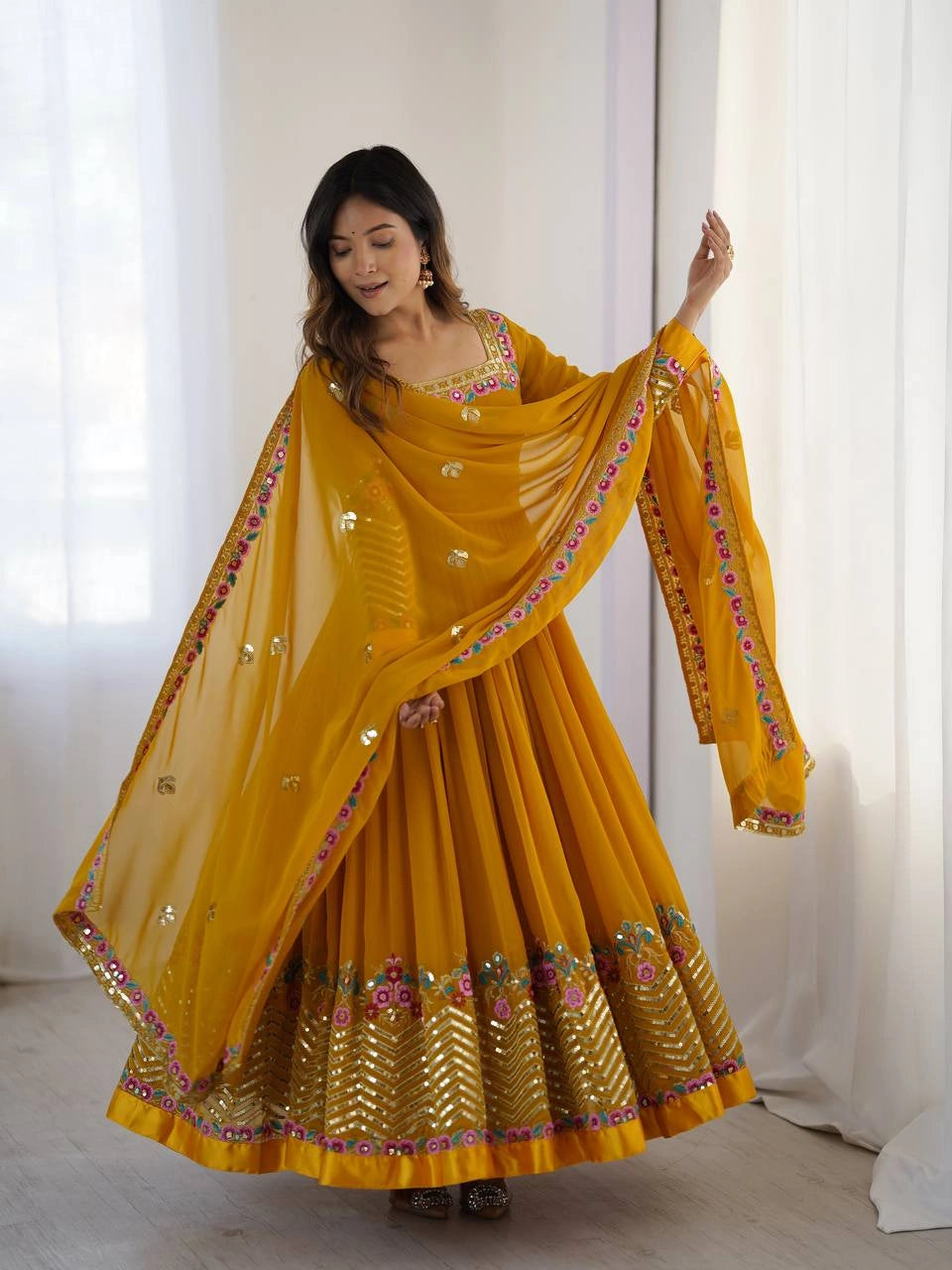 Yellow Sequins Embroidered Suit flatlay hanger pant dupatta KU264
