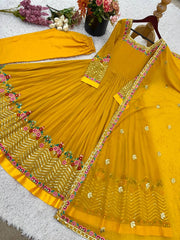 Yellow Anarkali Suit flatlay overhead gold hem display KU264