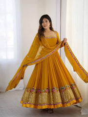 Yellow Sequins Suit model three quarter view with dupatta KU264