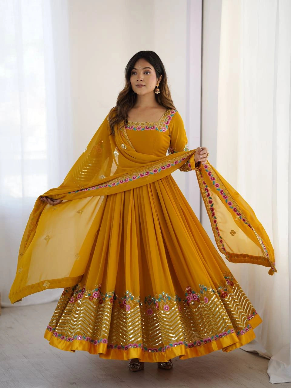 Yellow Anarkali Suit model wedding occasion pose KU264