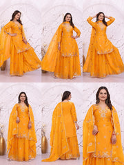 Yellow Sequins Embroidered Suit Sharara Set multiple model poses collage – Kalyanja KU280