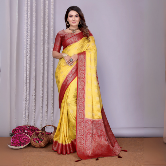 Yellow, Maroon Zari Weaving Satin Silk Saree