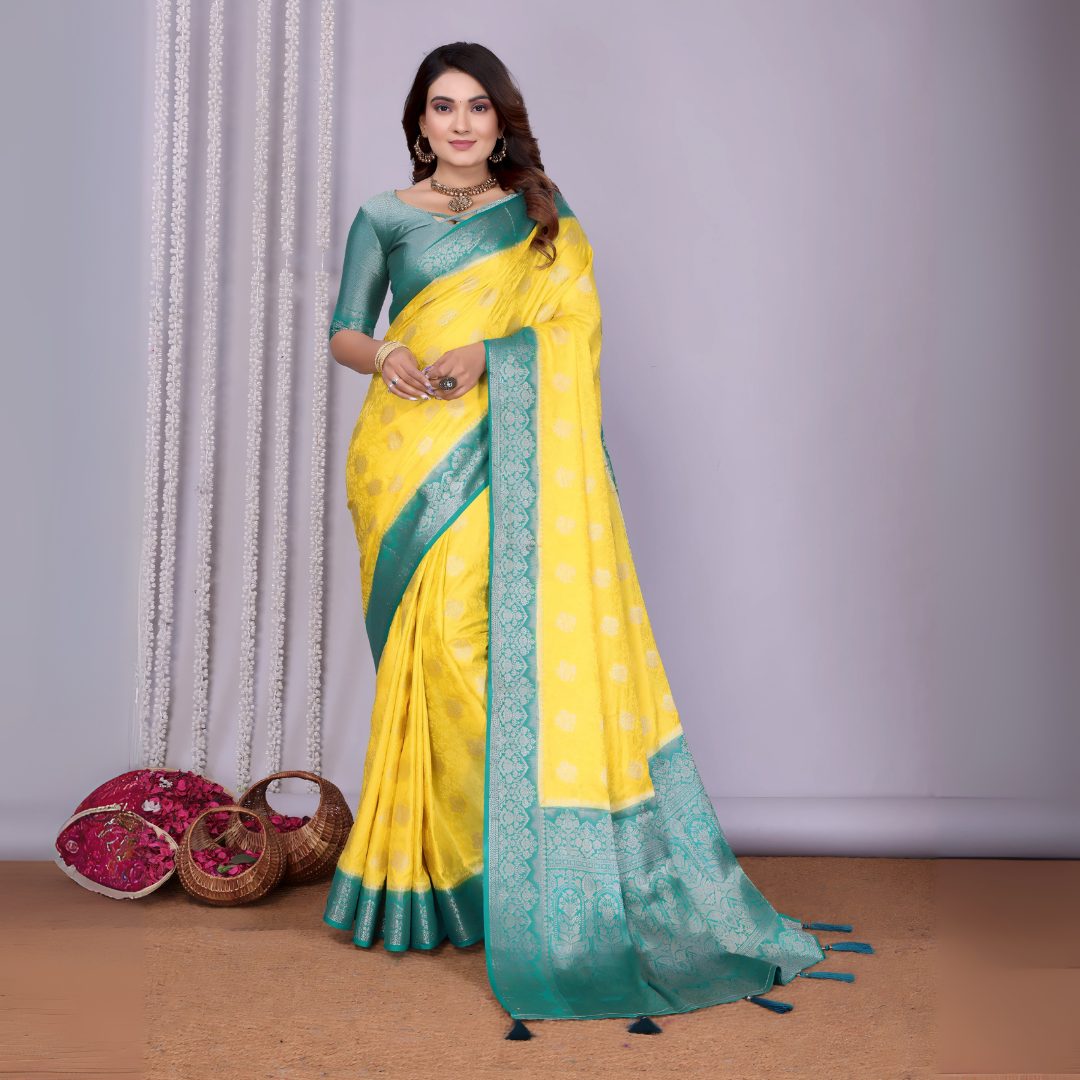 Yellow, Blue Zari Weaving Satin Silk Saree