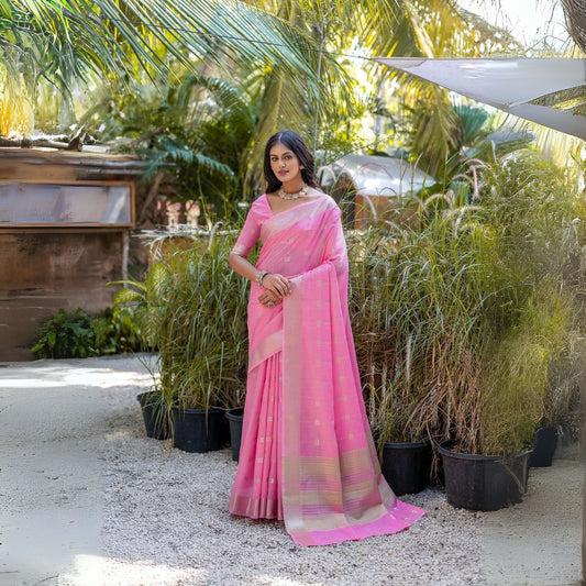 Light Pink Zari Weaving Soft Resham Silk Saree