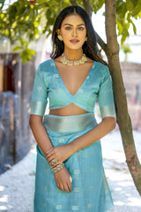 Woman wearing powder blue Zari weaving saree posing outdoors in traditional Indian ethnic attire